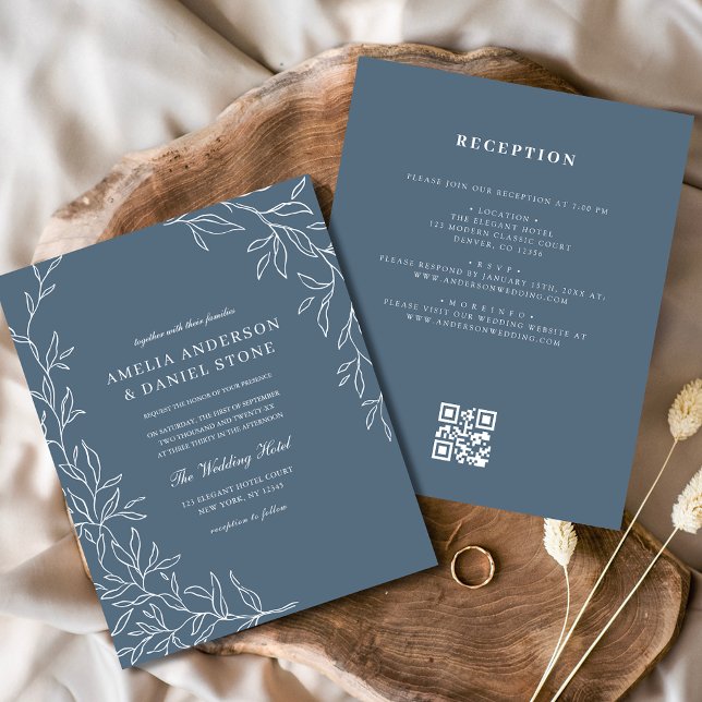 Budget QR Code Dusty Blue Leaf Wedding Invitation Flyer (Creator Uploaded)