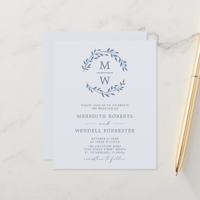 Budget QR Code Dusty Blue Monogram Wedding Invite (Front/Back In Situ)