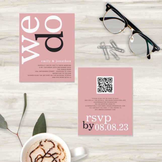 BUDGET QR code Dusty Rose Text Wedding Invite (Creator Uploaded)