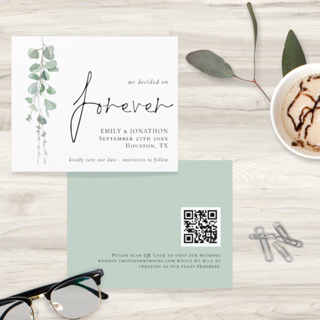 Budget QR Code Eucalyptus Forever Save The Date (Front and back view)