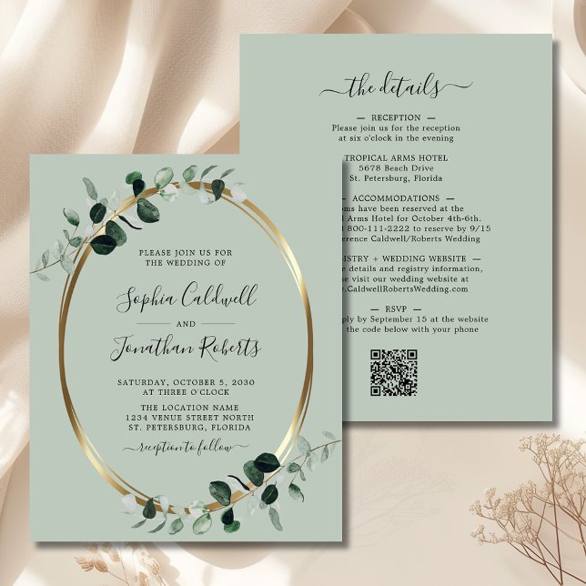 Budget QR Code Eucalyptus Sage Wedding Invite (Budget Eucalyptus Gold Sage QR Code Double Sided All in One Wedding Invitation)