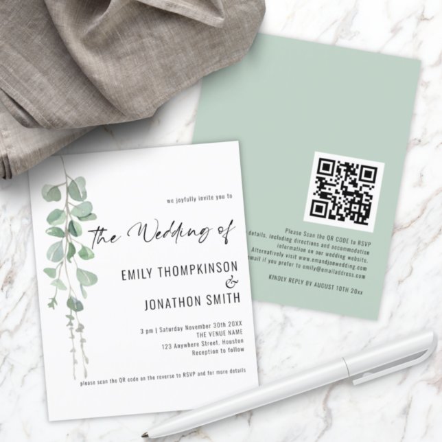 Budget QR Code Eucalyptus Script Wedding Invite (Creator Uploaded)
