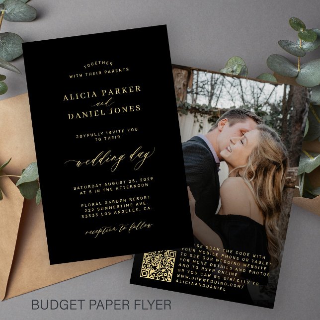 Budget QR code gold black photo all in one wedding Flyer (Creator Uploaded)