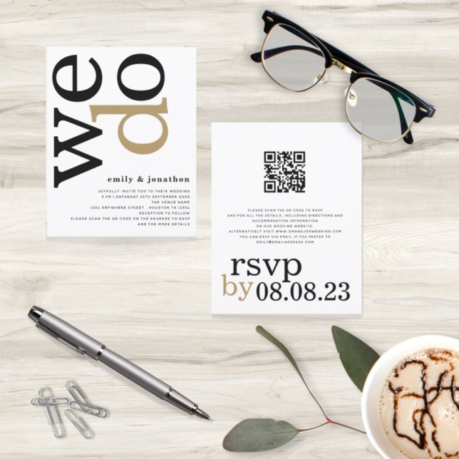 BUDGET QR Code Gold Black White Wedding Invite (Creator Uploaded)