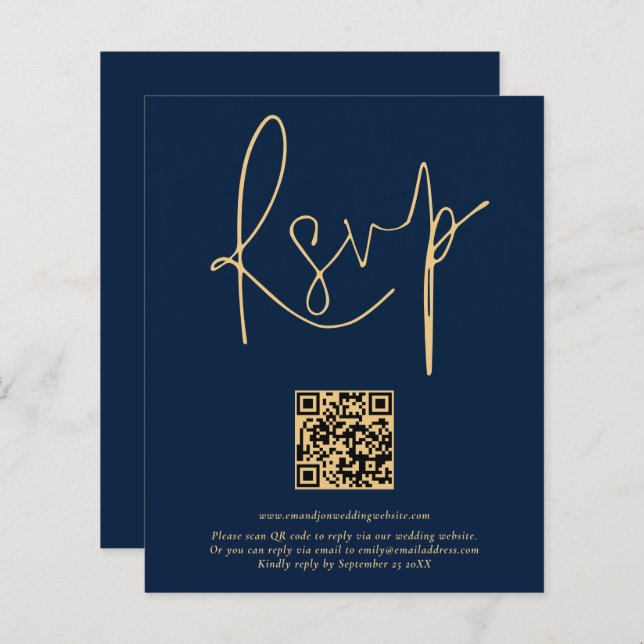 Budget QR Code Gold Navy Blue Script Wedding RSVP (Front/Back)