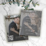 Budget QR CODE modern photo wedding invitation<br><div class="desc">Elegant simple minimal white budget affordable custom 2 photo transparent dark overlay (front and reverse) BUDGET affordable wedding invitation template with your scanning QR CODE featuring a classy stylish chic trendy calligraphy script. Easy to personalise with your details and pictures! The invitation is suitable for trendy modern simple minimal typography...</div>