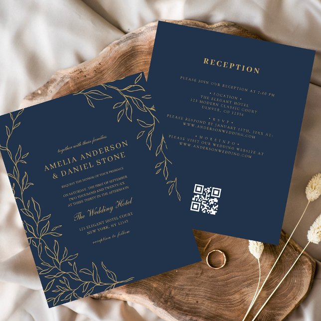 Budget QR Code Navy Blue Gold Wedding Invitation Flyer (Creator Uploaded)
