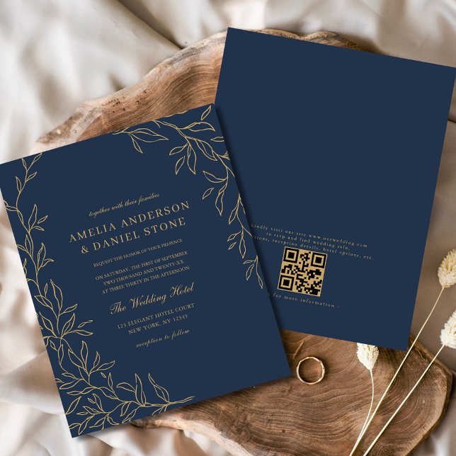 Budget QR Code Navy Blue Gold Wedding Invitation Flyer (Creator Uploaded)