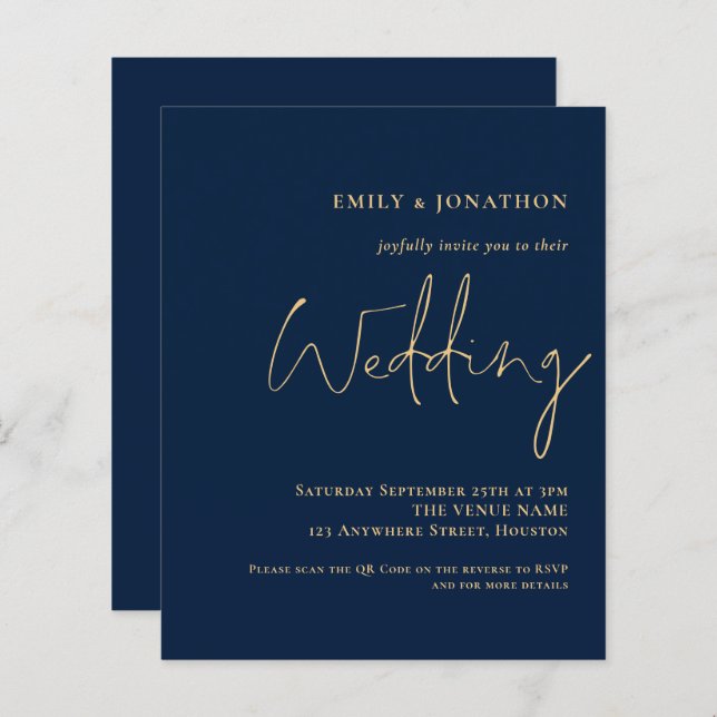 Budget QR Code Navy Gold Script Wedding Invitation (Front/Back)
