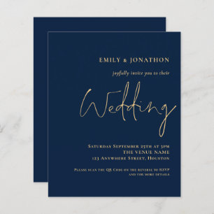 Budget QR Code Navy Gold Script Wedding Invitation