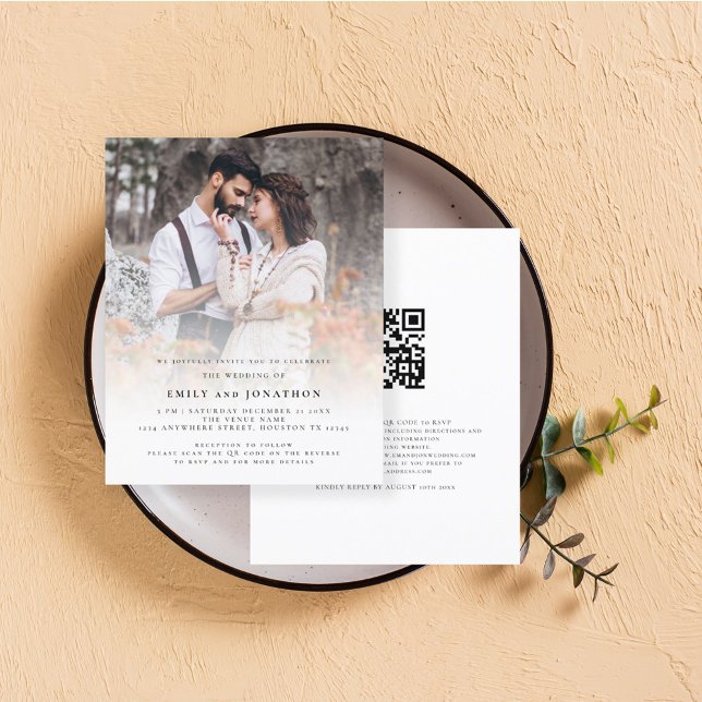 Budget QR Code Photo Overlay Wedding Invite (Front and back view. Budget price smaller alternative)