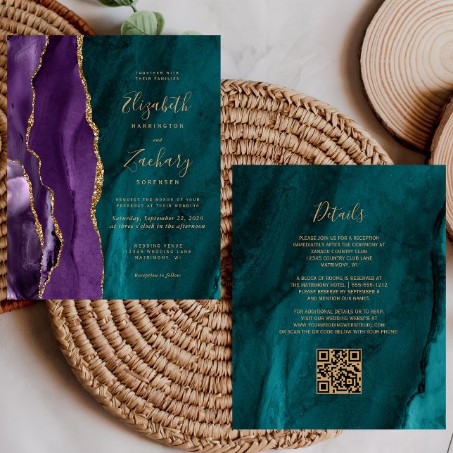 Budget QR Code Purple Gold Teal Agate Wedding (Creator Uploaded)