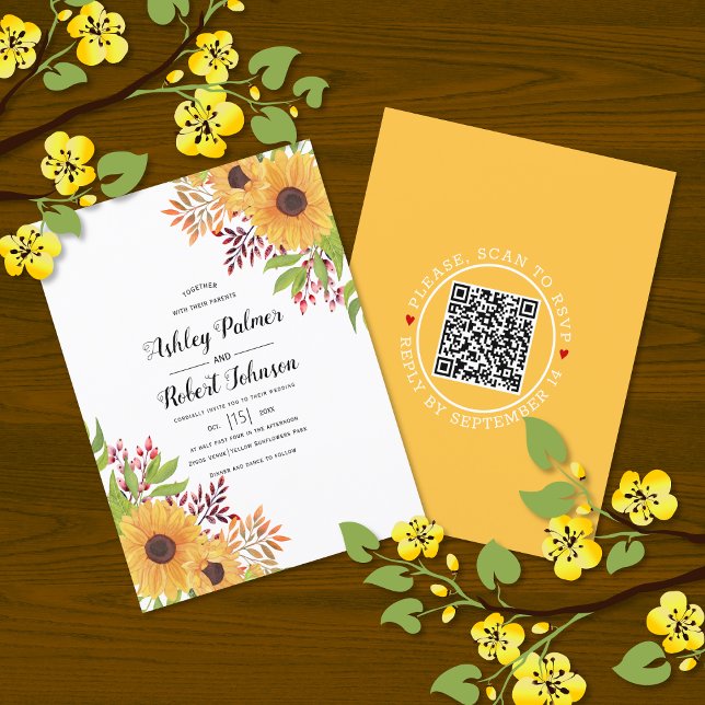 BUDGET QR code RSVP sunflowers wedding invitation (Creator Uploaded)