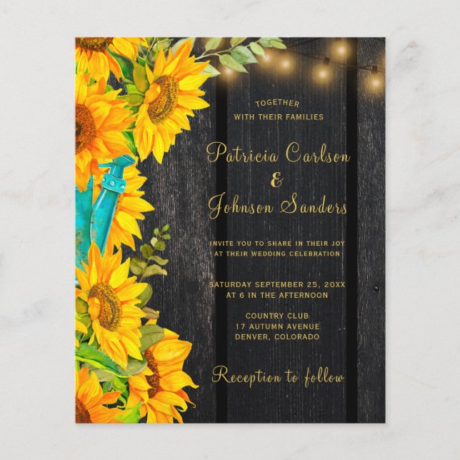 Budget QR code rustic sunflower wedding invitation (Front)