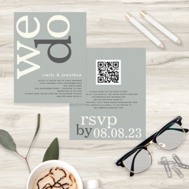 BUDGET QR code Sage Ivory Text Wedding Invite (Creator Uploaded)
