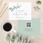 Budget QR Code Script Eucalyptus Save The Date<br><div class="desc">A value for money BUDGET alternative on a smaller size 4.5 x 5.6” semi-gloss 110lbs weight, which is of similar thickness to a postcard (however is not suitable to use as a postcard.). PLEASE NOTE there is ONE invite per sheet. Budget QR Code Script Green Eucalyptus Save The Date. Add...</div>