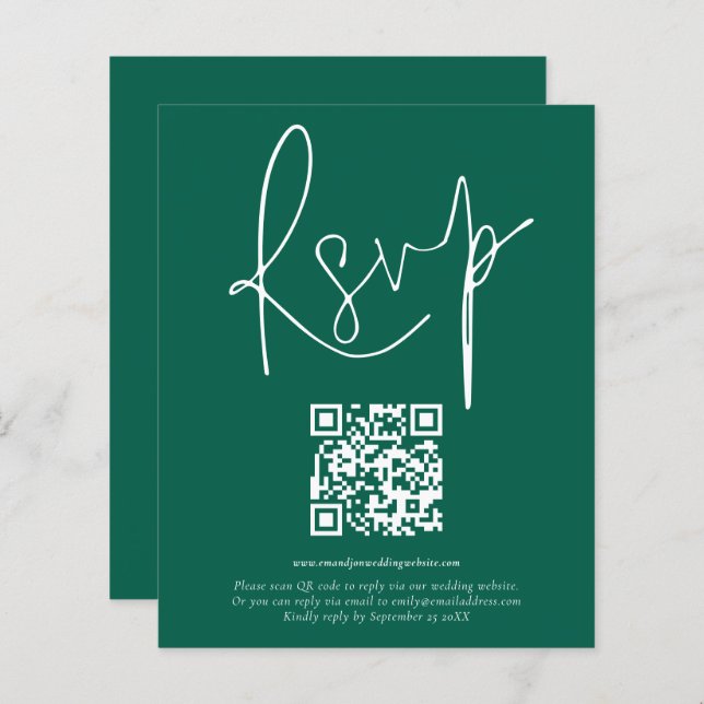 Budget QR Code Script Wedding Emerald RSVP (Front/Back)