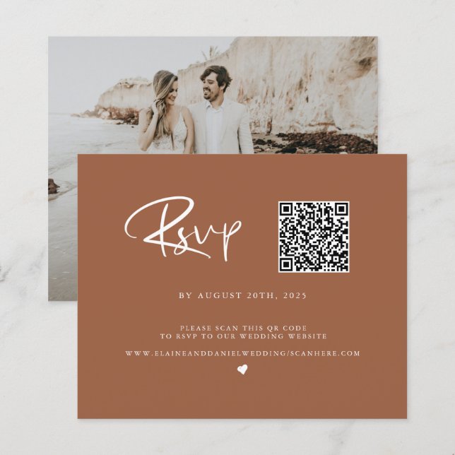 Budget QR Code Terra Cotta Photo RSVP Card (Front/Back)