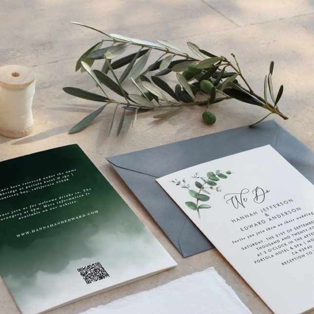 Budget QR code Watercolor Eucalyptus botanical Invitation (Creator Uploaded)