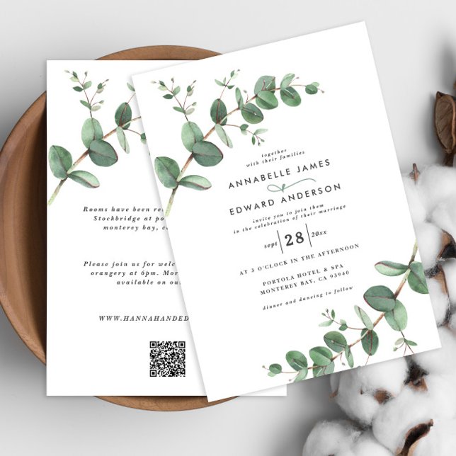 Budget QR code Watercolor Eucalyptus botanical Invitation (Creator Uploaded)