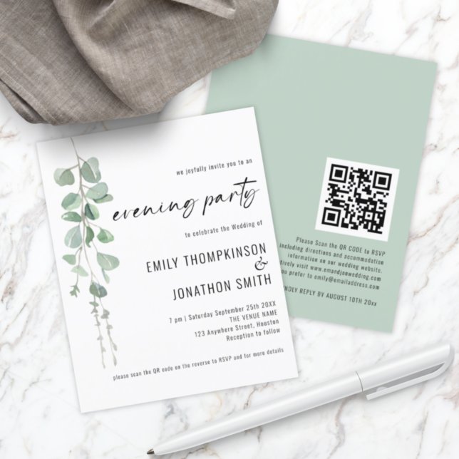Budget QR Eucalyptus Wedding Evening Party Invite (Front and back view)