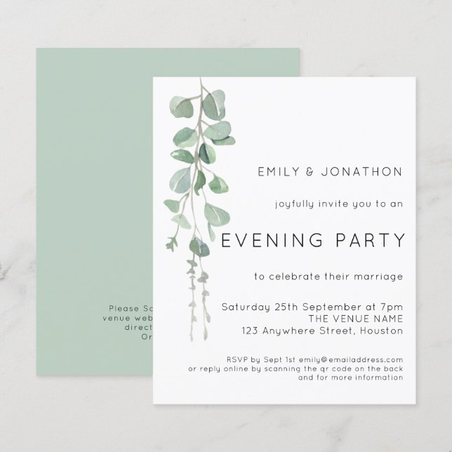 Budget QR Eucalyptus Wedding Evening Party Invite (Front/Back)