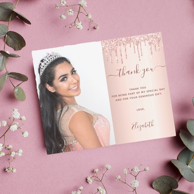 Budget Quinceanea rose glitter photo thank you (Creator Uploaded)