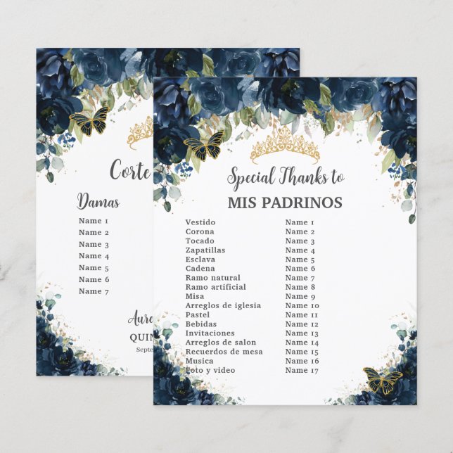 Budget Quinceañera 15 Navy Floral Padrinos Corte (Front/Back)