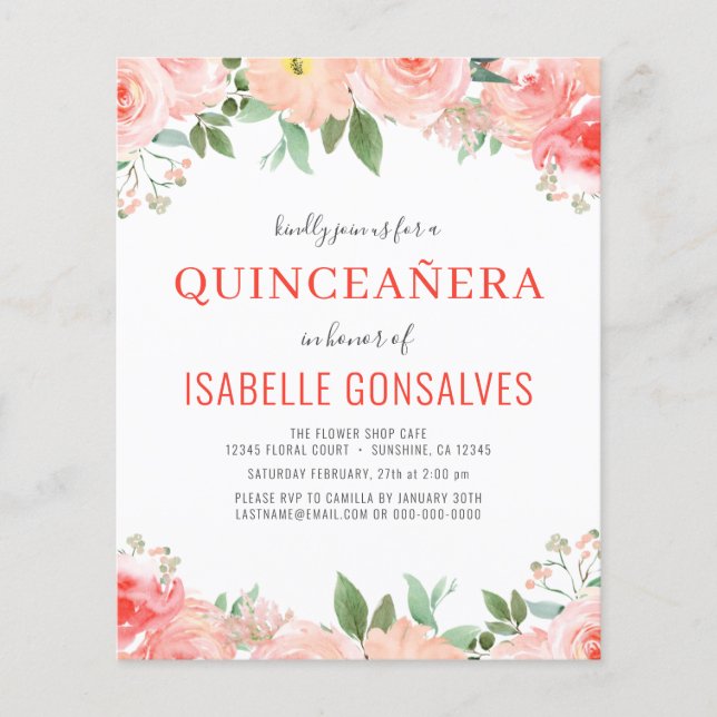 Budget QUINCEAÑERA Birthday Coral Peach Invitation Flyer (Front)