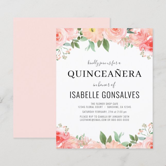 Budget QUINCEAÑERA Birthday Peach Coral Invitation (Front/Back)