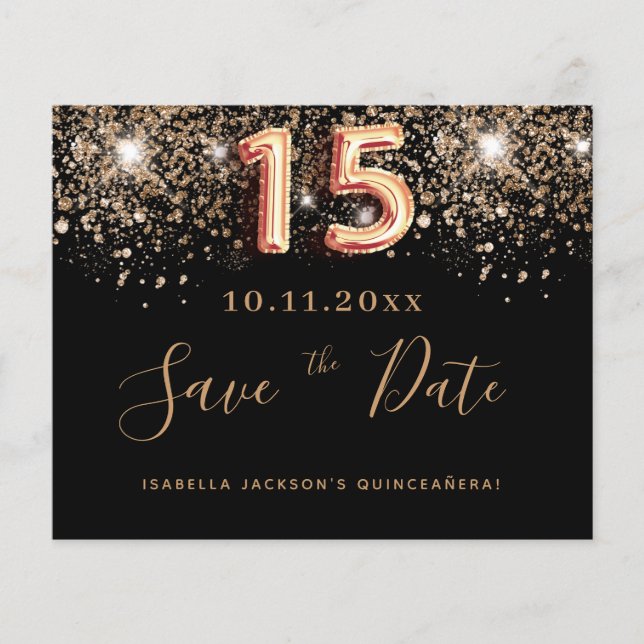 Budget Quinceanera black glitter save the date (Front)