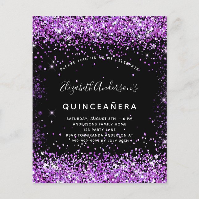Budget Quinceanera black purple glitter invitation (Front)