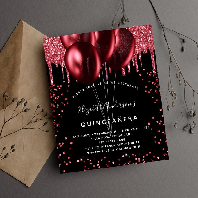 Budget Quinceanera black red glitter invitation (Creator Uploaded)