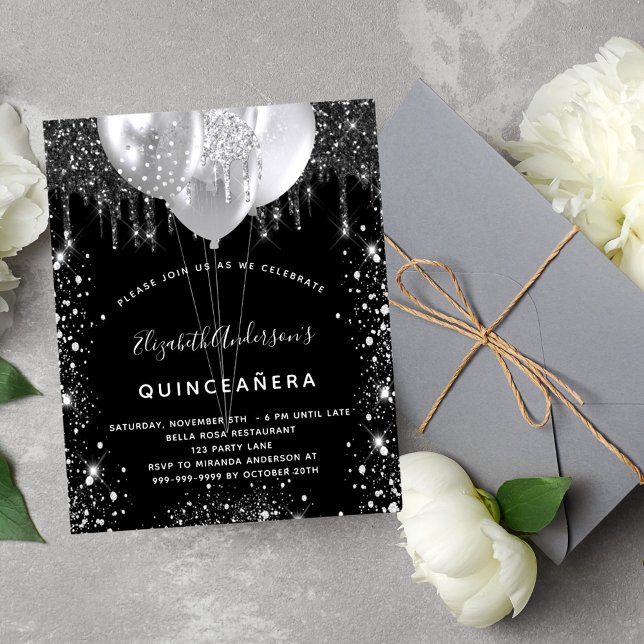 Budget Quinceanera black silver balloon invitation (Creator Uploaded)