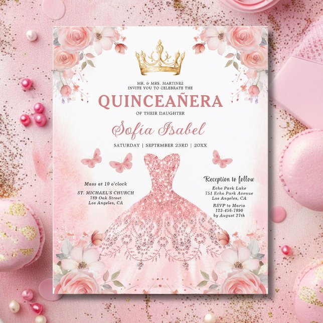 Budget Quinceañera Blush Pink Floral Butterfly Flyer (Creator Uploaded)