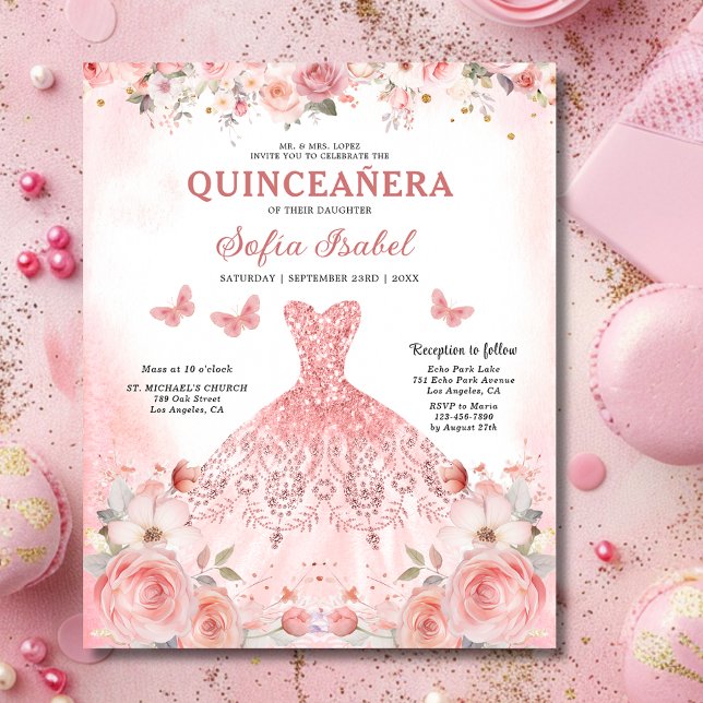 Budget Quinceañera Blush Pink Floral Butterfly Flyer (Creator Uploaded)