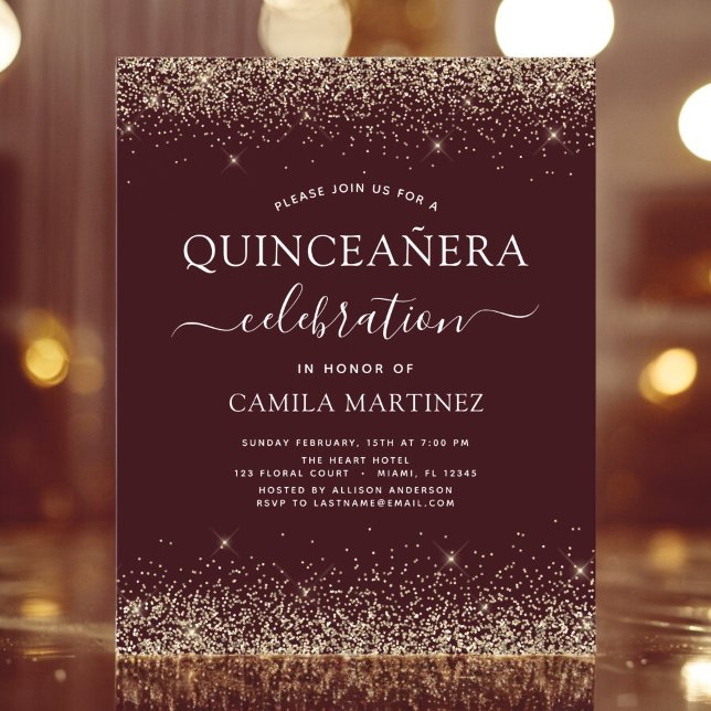Budget Quinceanera Burgundy Gold Invitation (Creator Uploaded)