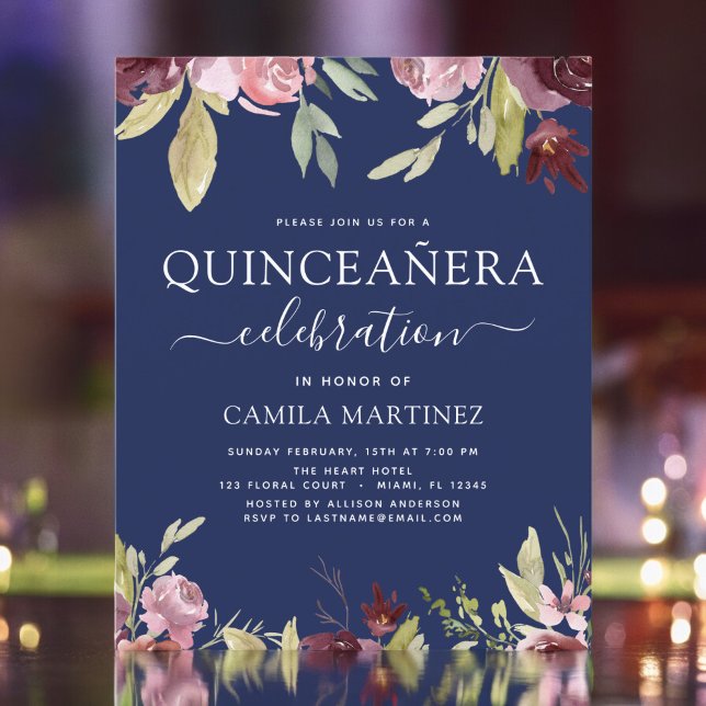 Budget Quinceanera Burgundy Pink Floral Invitation (Creator Uploaded)