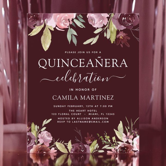 Budget Quinceanera Burgundy Pink Floral Invitation (Creator Uploaded)