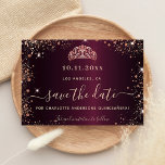 Budget Quinceanera burgundy rose gold tiara Save The Date<br><div class="desc">A girly and trendy Save the Date card for a Quinceañera,  15th birthday party. A burgundy faux metallic looking background colour. Decorated with rose gold faux glitter dust and a tiara,  crown. The text: Save the Date is written with a large trendy hand lettered style script.</div>