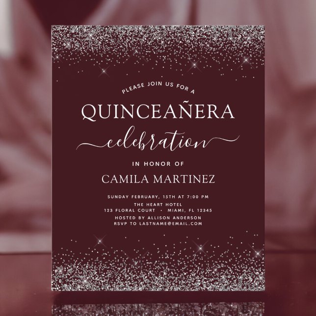 Budget Quinceanera Burgundy Silver Invitation (Creator Uploaded)