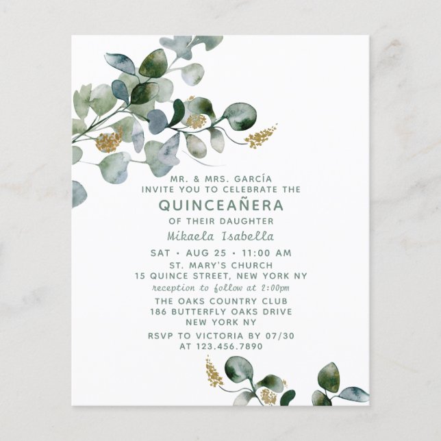 Budget Quinceañera Eucalyptus Floral Photo Flyer (Front)