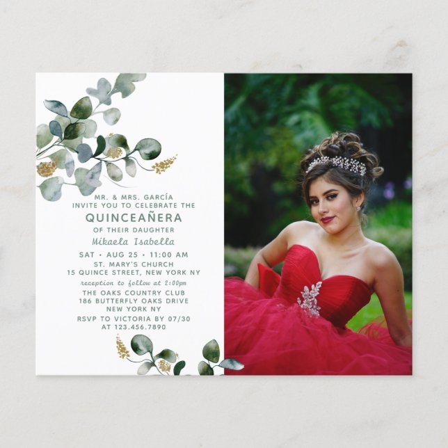 Budget Quinceañera Eucalyptus Floral Photo Flyer (Front)