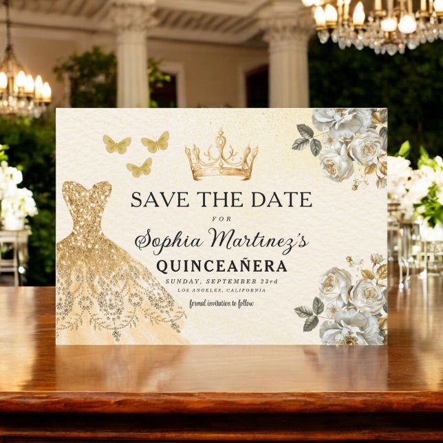 Budget Quinceanera Floral Gold Save the Date  (Creator Uploaded)
