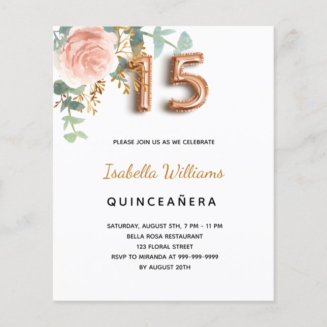 Budget Quinceanera floral rose gold eucalyptus (Front)