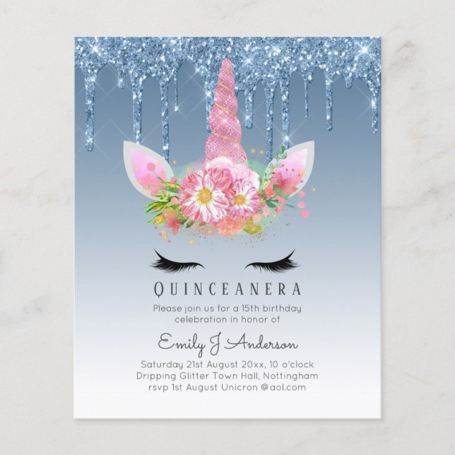 BUDGET Quinceanera Glitter Unicorn Anicorn Winged Flyer (Front)