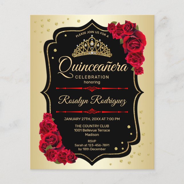Budget Quinceanera - Gold Black Red Invitation Flyer (Front)