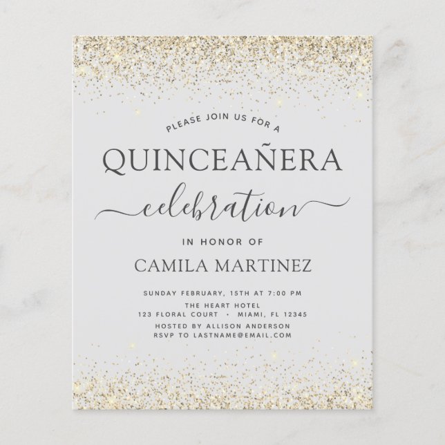 Budget Quinceanera Gold Glitter Invitations Flyer (Front)