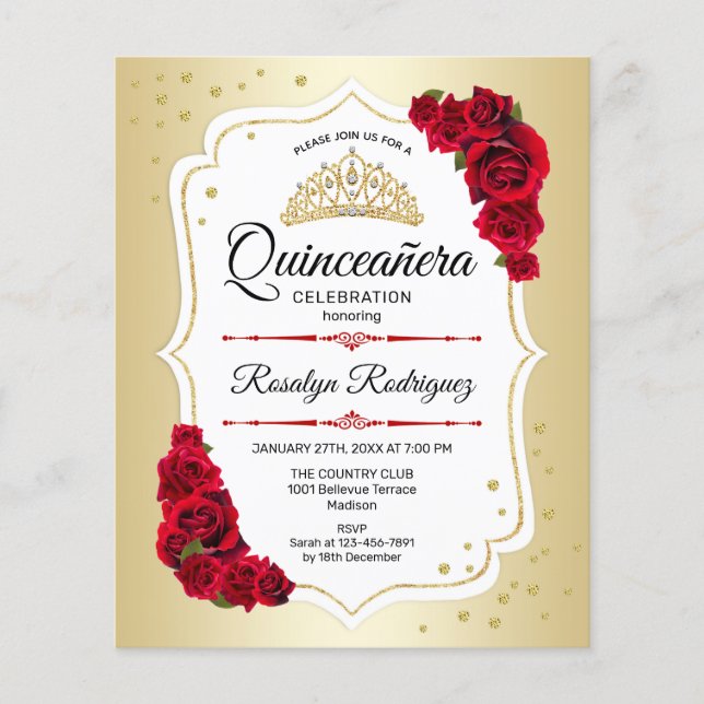 Budget Quinceanera - Gold White Red Invitation Flyer (Front)