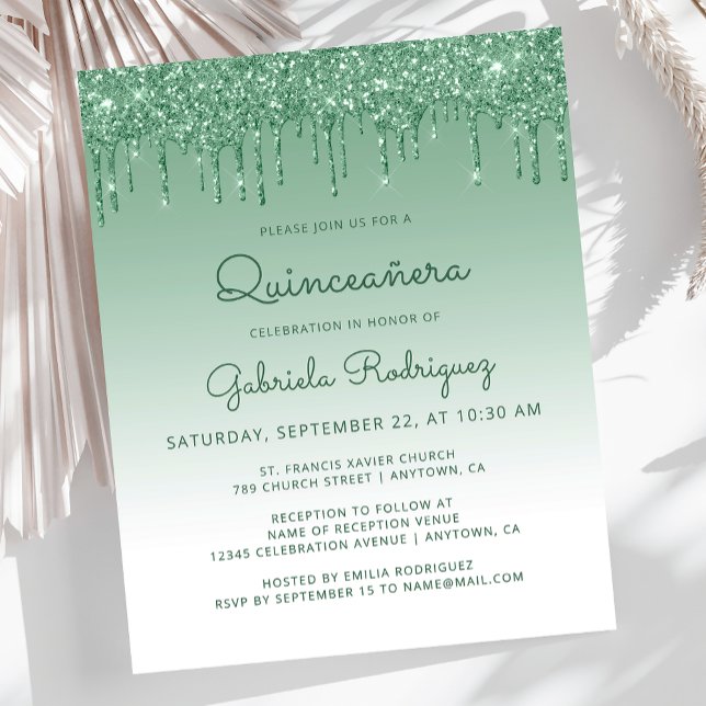 Budget Quinceañera Green Glitter Drip Invitation (Creator Uploaded)